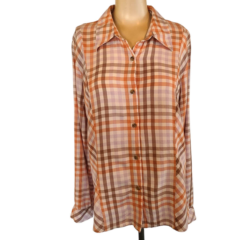 Cabi 4423 Legacy Button Up Orange/Brown/Purple Plaid Long Sleeve Roll-tab Medium